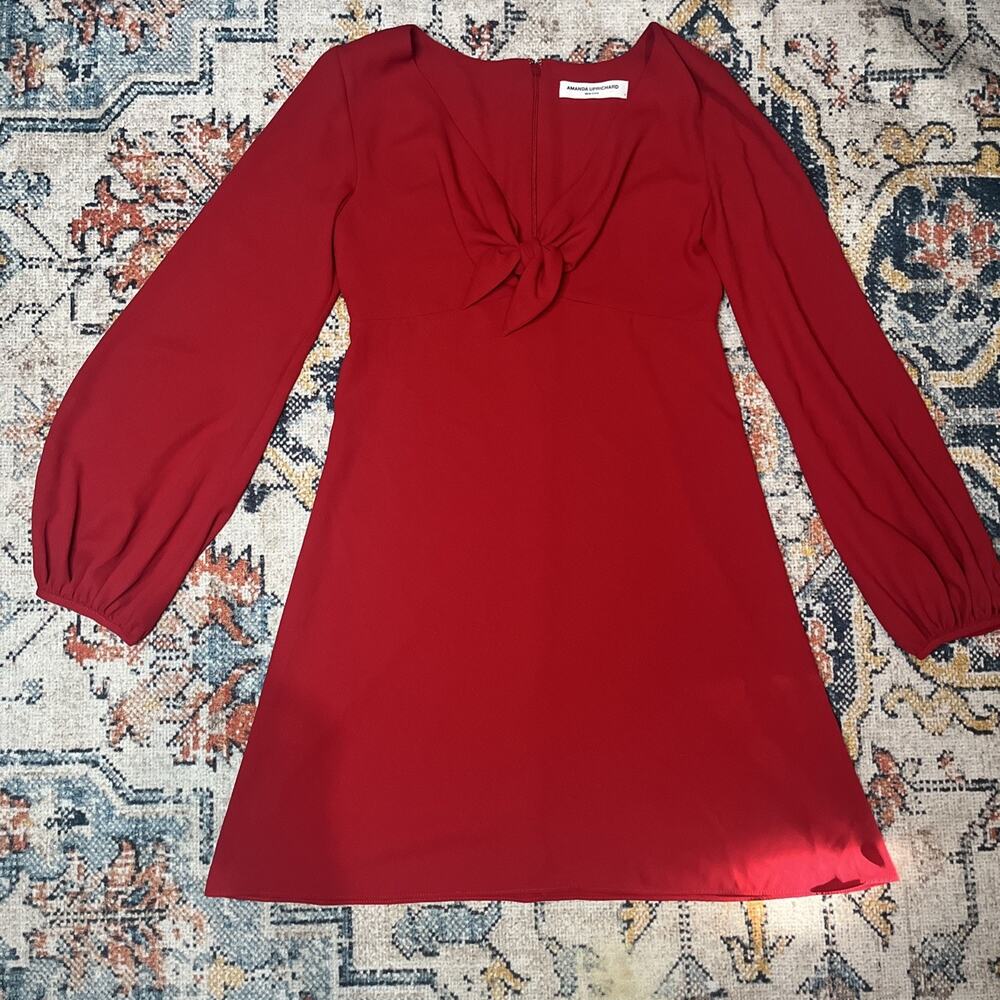 Amanda Uprichard Chyler Tie Front V Neck Long Sleeve Dress Red Size Small